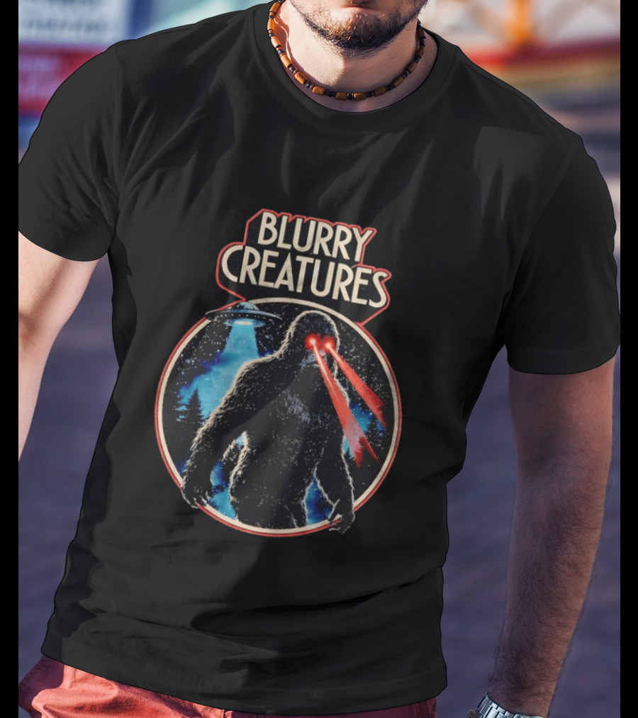 Blurry Creatures Bigfoot Laser Eyes UFO Forest T-Shirt