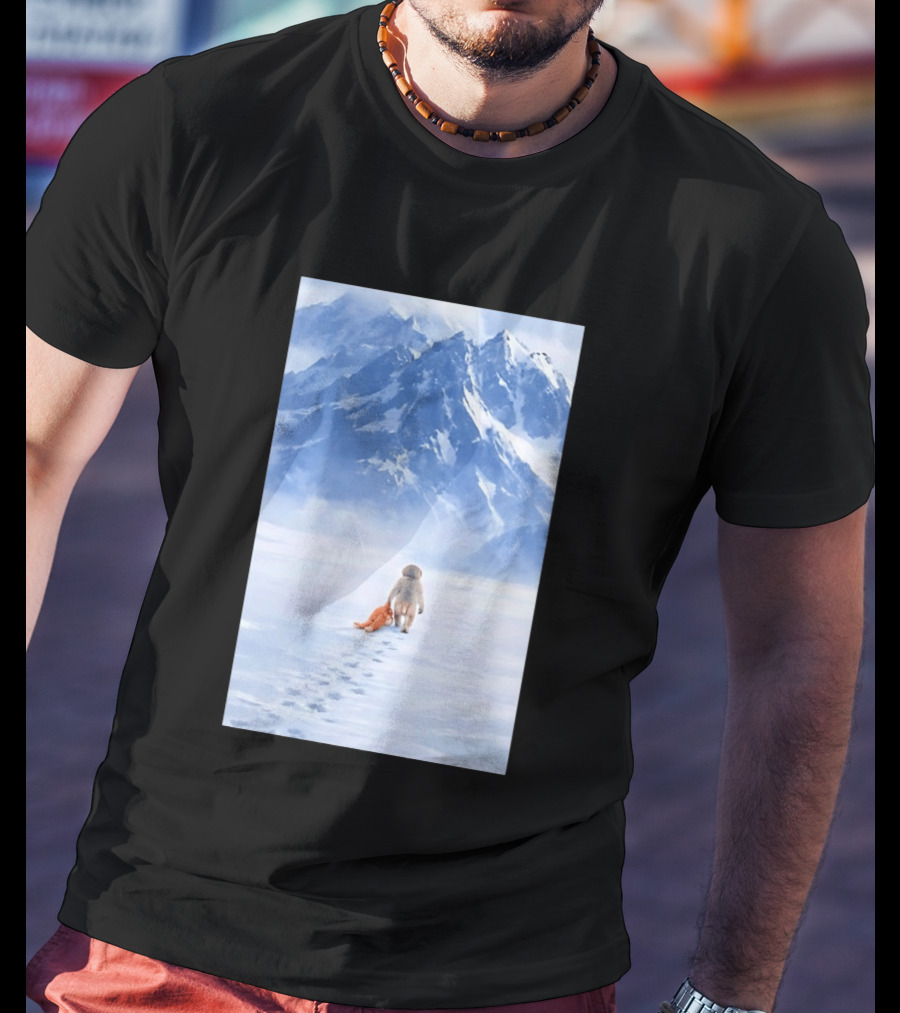 Monkey Holding Stuffed Monkey Alone Walking In Snowy Mountains T-Shirt