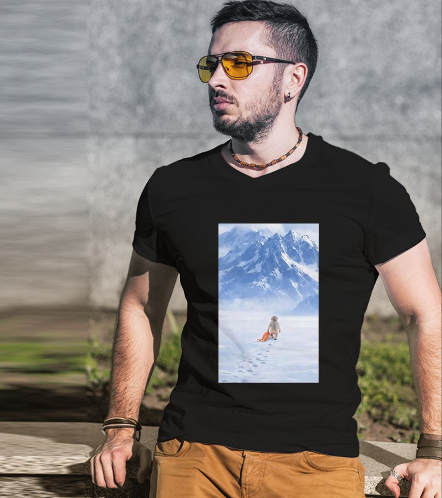 Monkey Holding Stuffed Monkey Alone Walking In Snowy Mountains T-Shirt