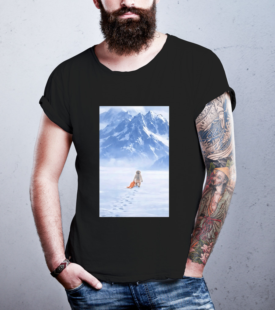 Monkey Holding Stuffed Monkey Alone Walking In Snowy Mountains T-Shirt