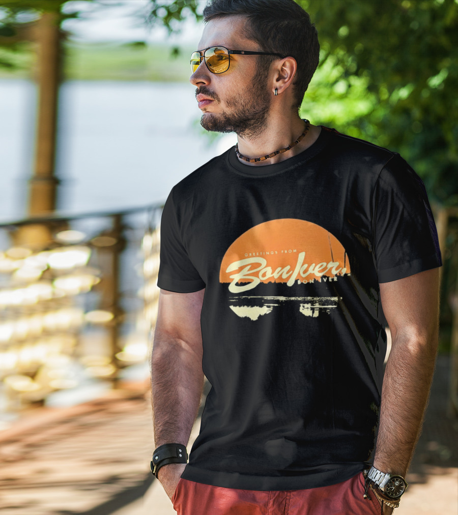 Greetings From Bon Iver Boniver Text Semi Circle Orange T-Shirt