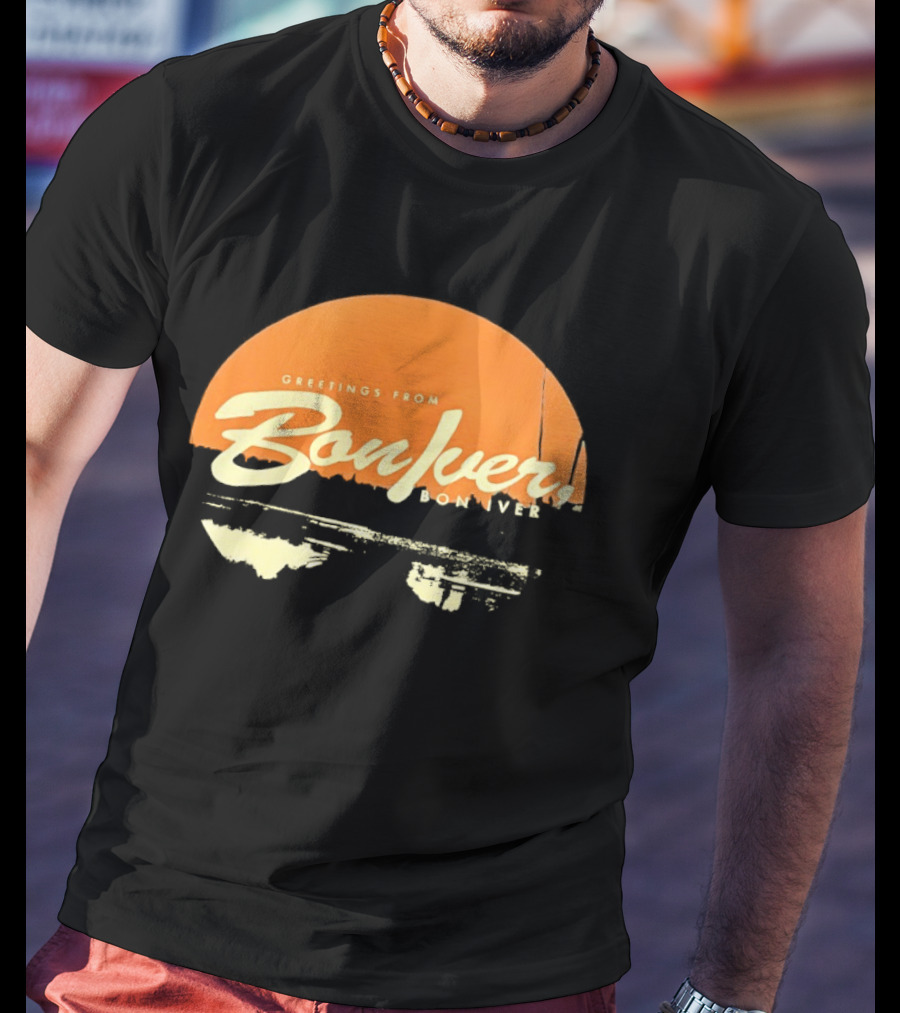 Greetings From Bon Iver Boniver Text Semi Circle Orange T-Shirt
