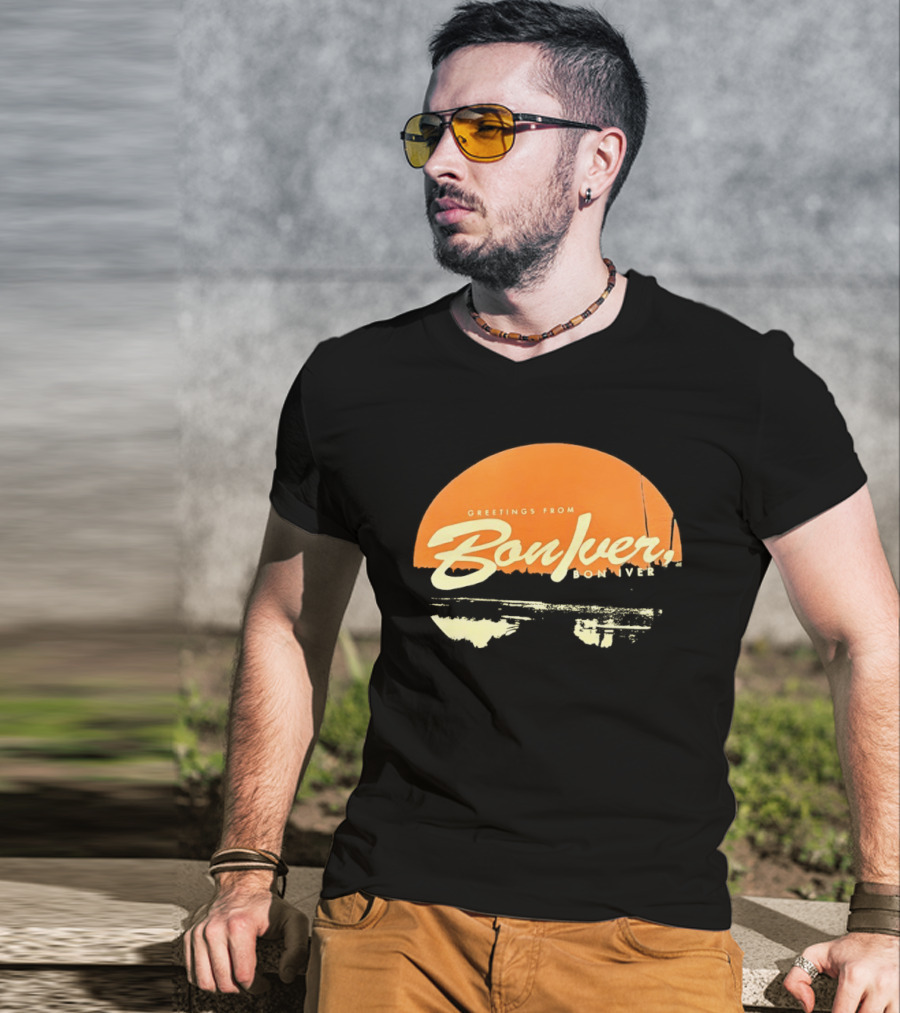 Greetings From Bon Iver Boniver Text Semi Circle Orange T-Shirt