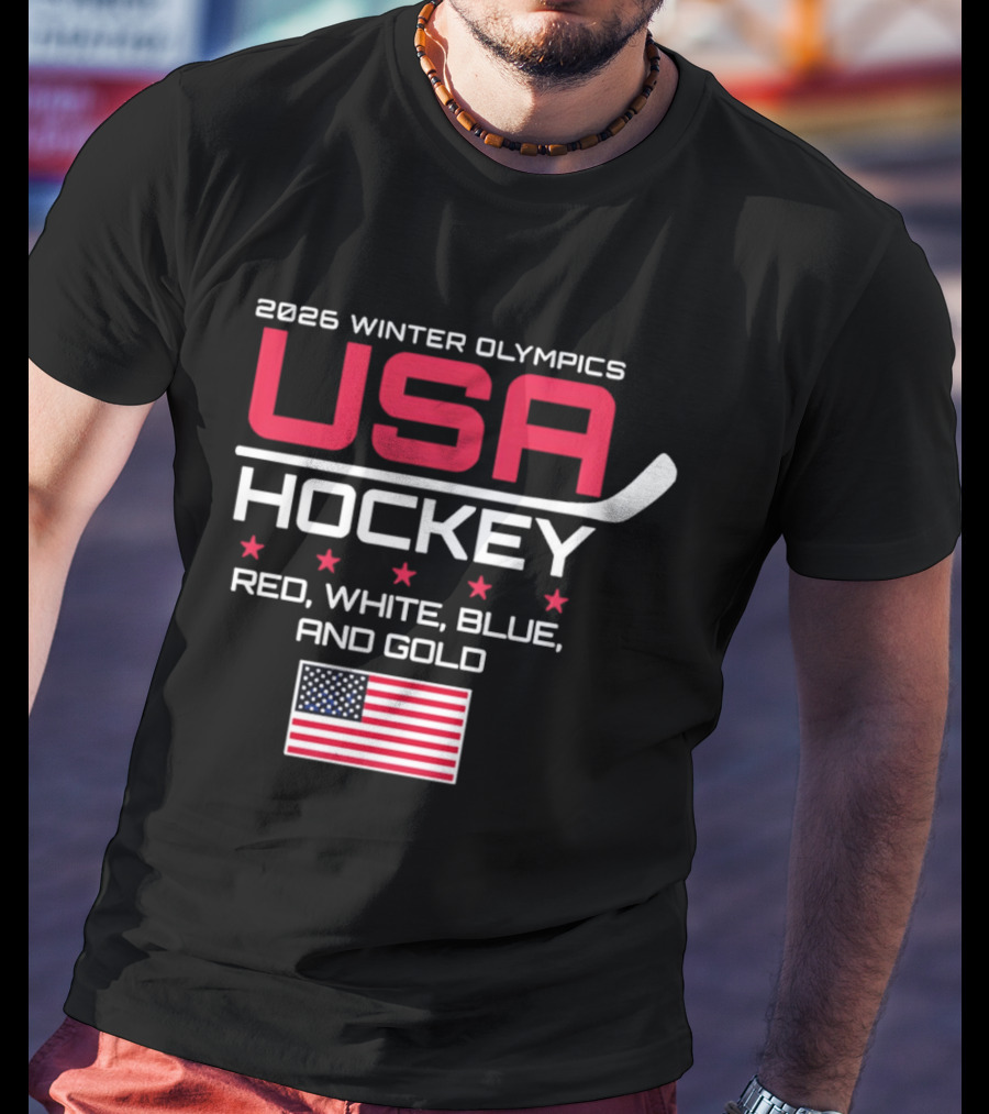 2026 Winter Olympics USA Hockey Red White Blue And Gold American Flag T-Shirt