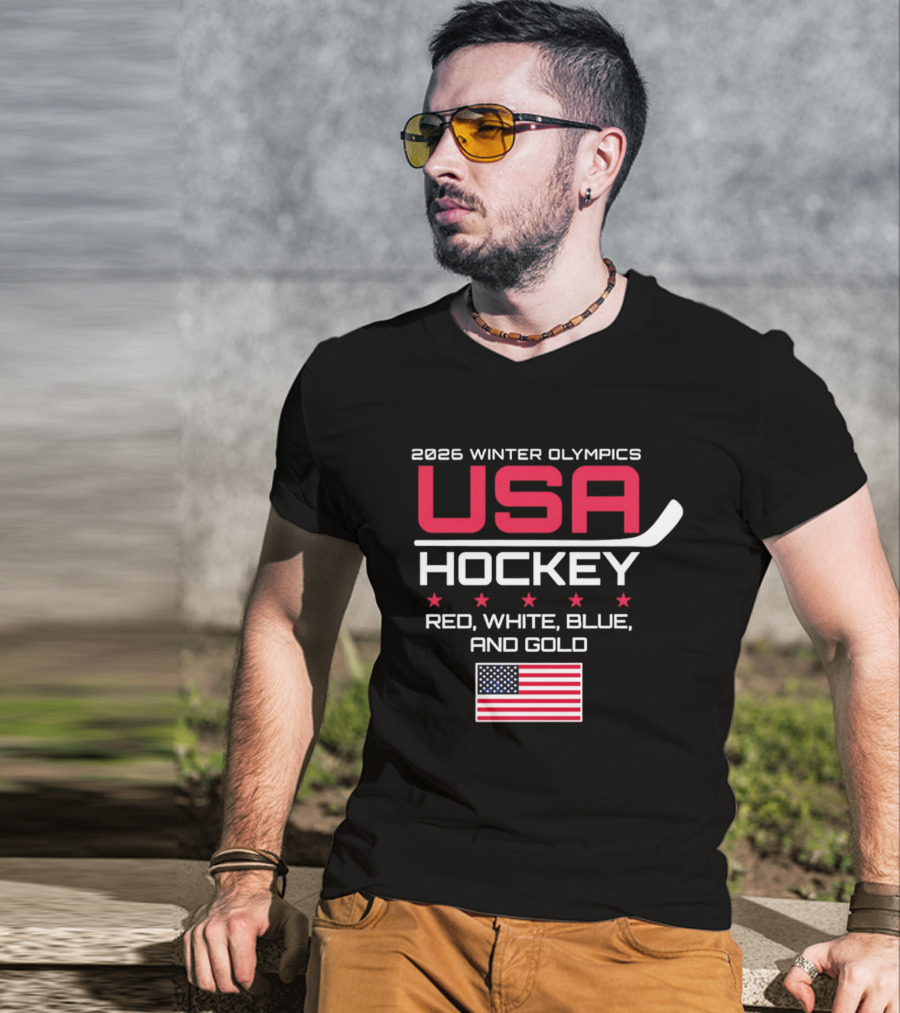 2026 Winter Olympics USA Hockey Red White Blue And Gold American Flag T-Shirt