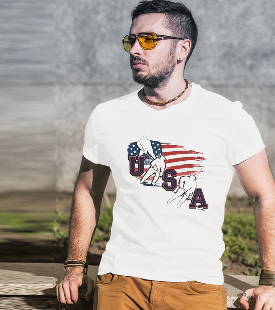 USA Olympic Gold Medal Hockey American Flag Hockey Players T-Shirt