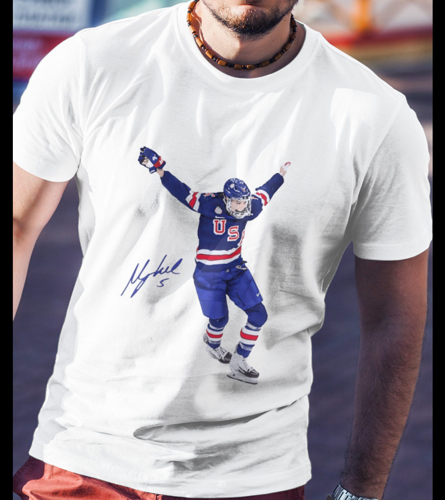 USA Team Hockey Megan Keller Blue Uniform Celebration T-Shirt