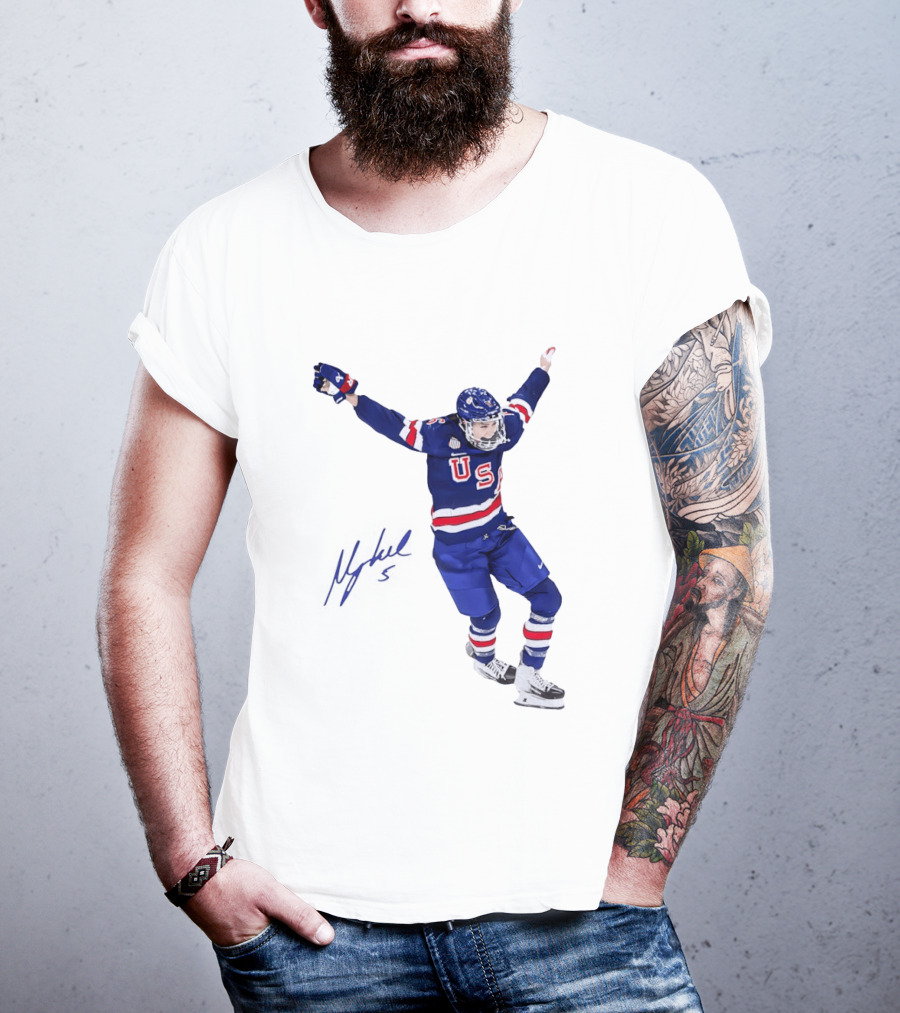 USA Team Hockey Megan Keller Blue Uniform Celebration T-Shirt