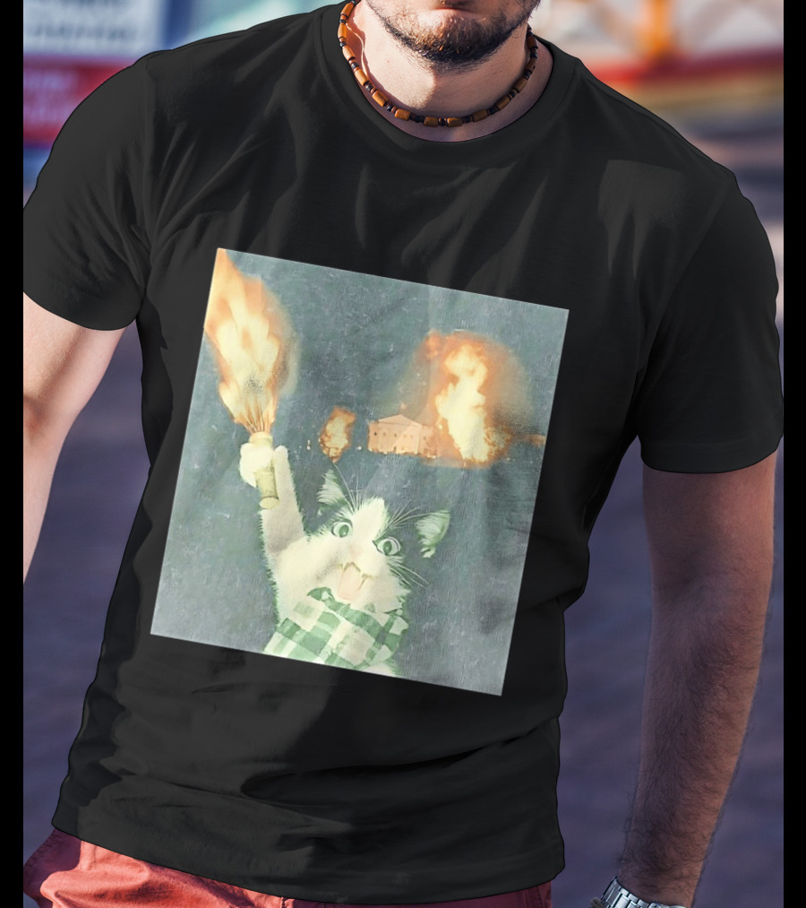 Rebellious Cat Riot Scene With Flaming T-Shirt