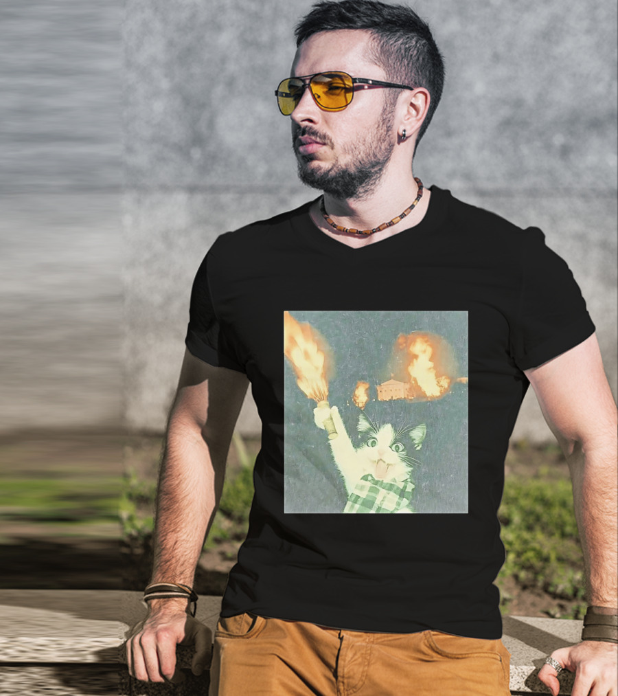 Rebellious Cat Riot Scene With Flaming T-Shirt