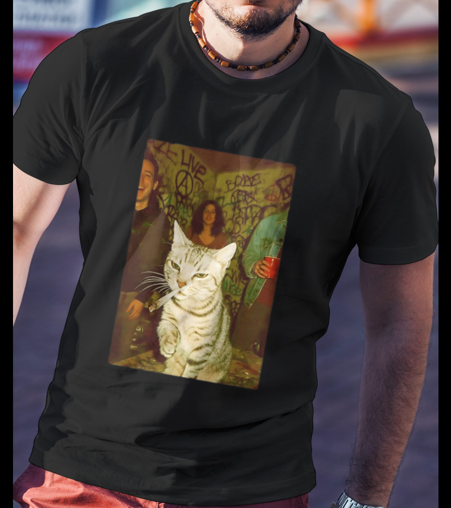 Smoking Tabby Cat Live Punk Party Scene T-Shirt