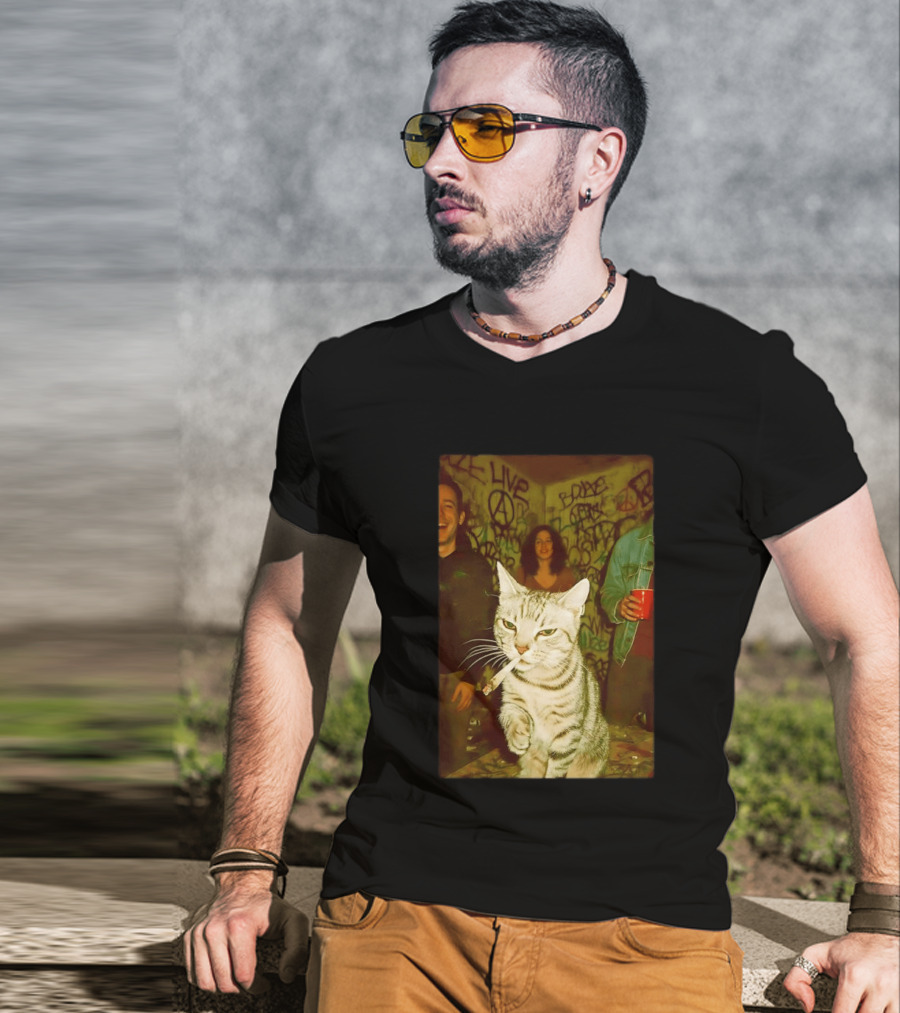 Smoking Tabby Cat Live Punk Party Scene T-Shirt