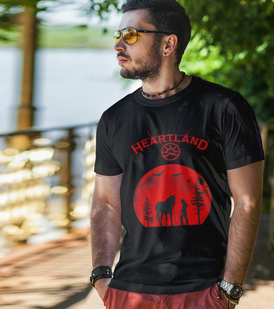 Heartland Ranch Red Moon Horse And Human Silhouette With Trees And Bats T-Shirt