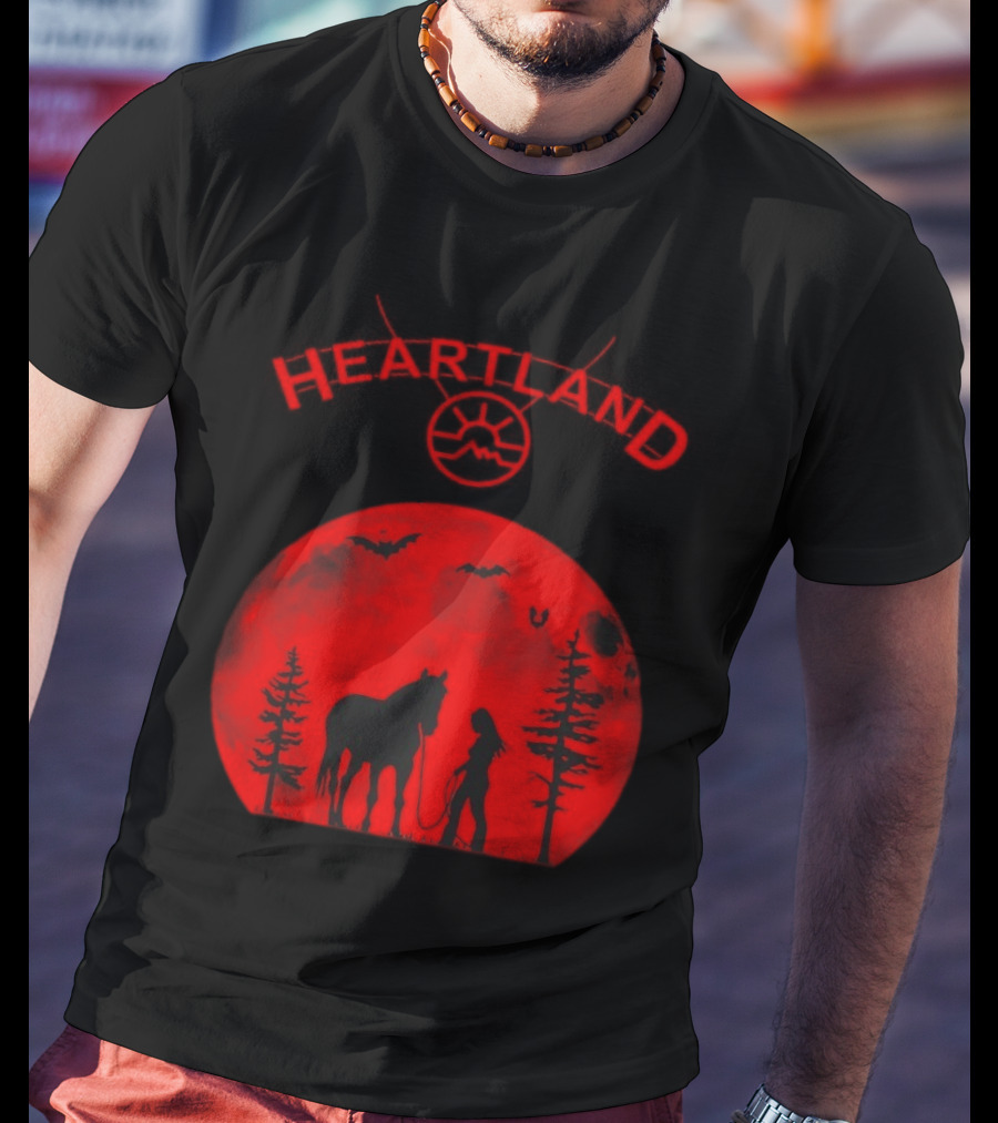 Heartland Ranch Red Moon Horse And Human Silhouette With Trees And Bats T-Shirt