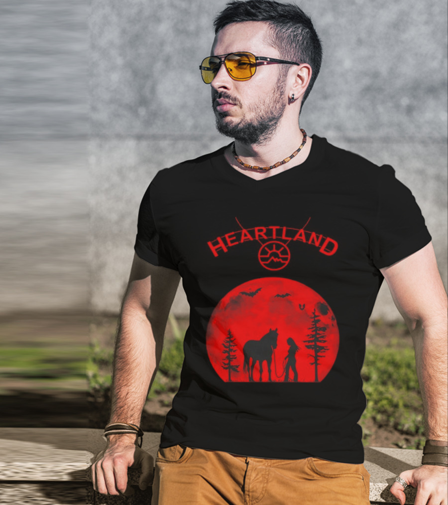 Heartland Ranch Red Moon Horse And Human Silhouette With Trees And Bats T-Shirt