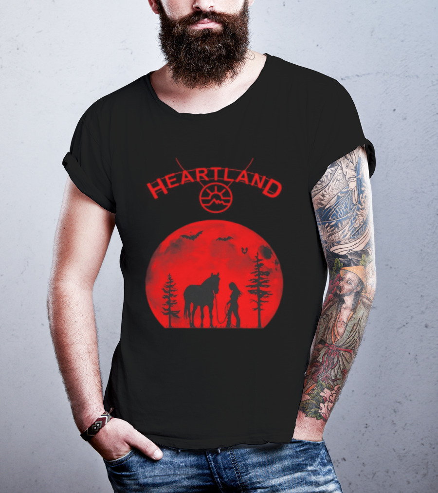 Heartland Ranch Red Moon Horse And Human Silhouette With Trees And Bats T-Shirt