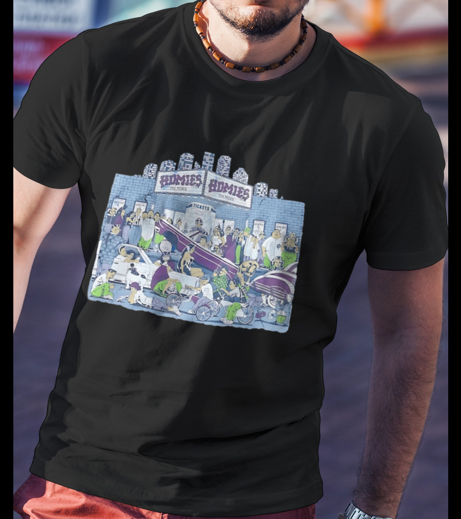 Homies The Movie Tickets Crowd Scene Skyscrapers Lowriders Bicycles T-Shirt