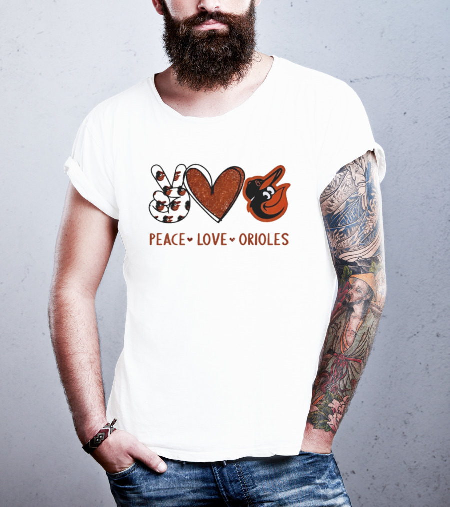 Peace Love Orioles Hand Sign Heart Shape Baltimore Orioles T-Shirt
