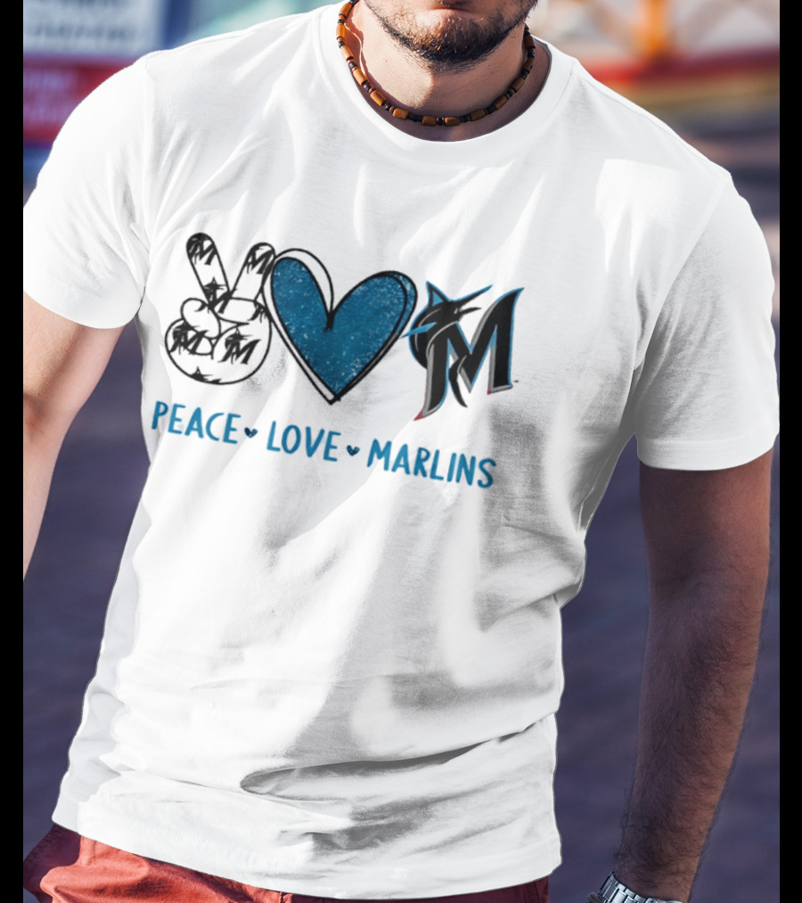 Peace Love Miami Marlins Hand Sign Heart Shape T-Shirt
