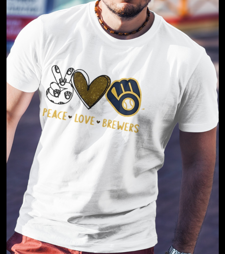 Milwaukee Brewers Peace Love Hand Sign Heart Shape T-Shirt