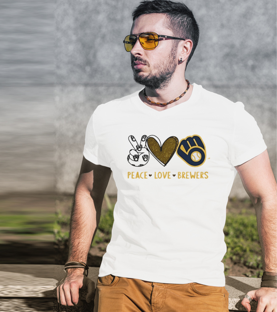 Milwaukee Brewers Peace Love Hand Sign Heart Shape T-Shirt