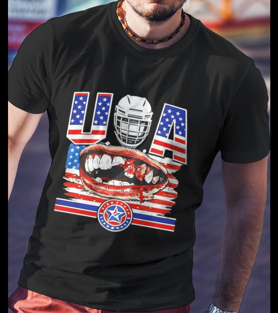 USA Hockey Helmet Bloody Teeth Mouth Stars Stripes Flag T-Shirt