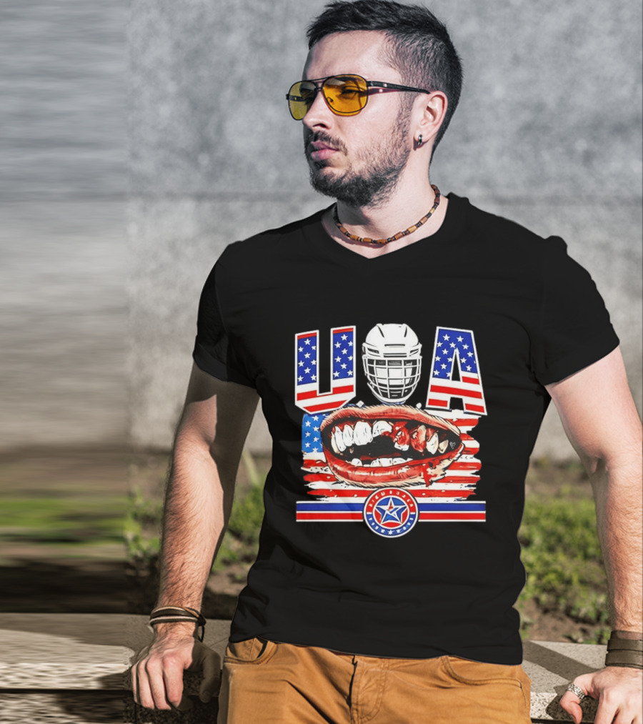 USA Hockey Helmet Bloody Teeth Mouth Stars Stripes Flag T-Shirt
