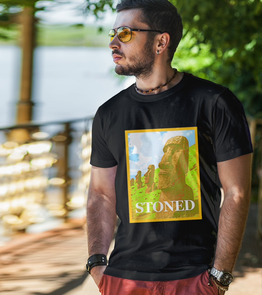 Stoned Moai Statue Easter Island Head Print T-Shirt