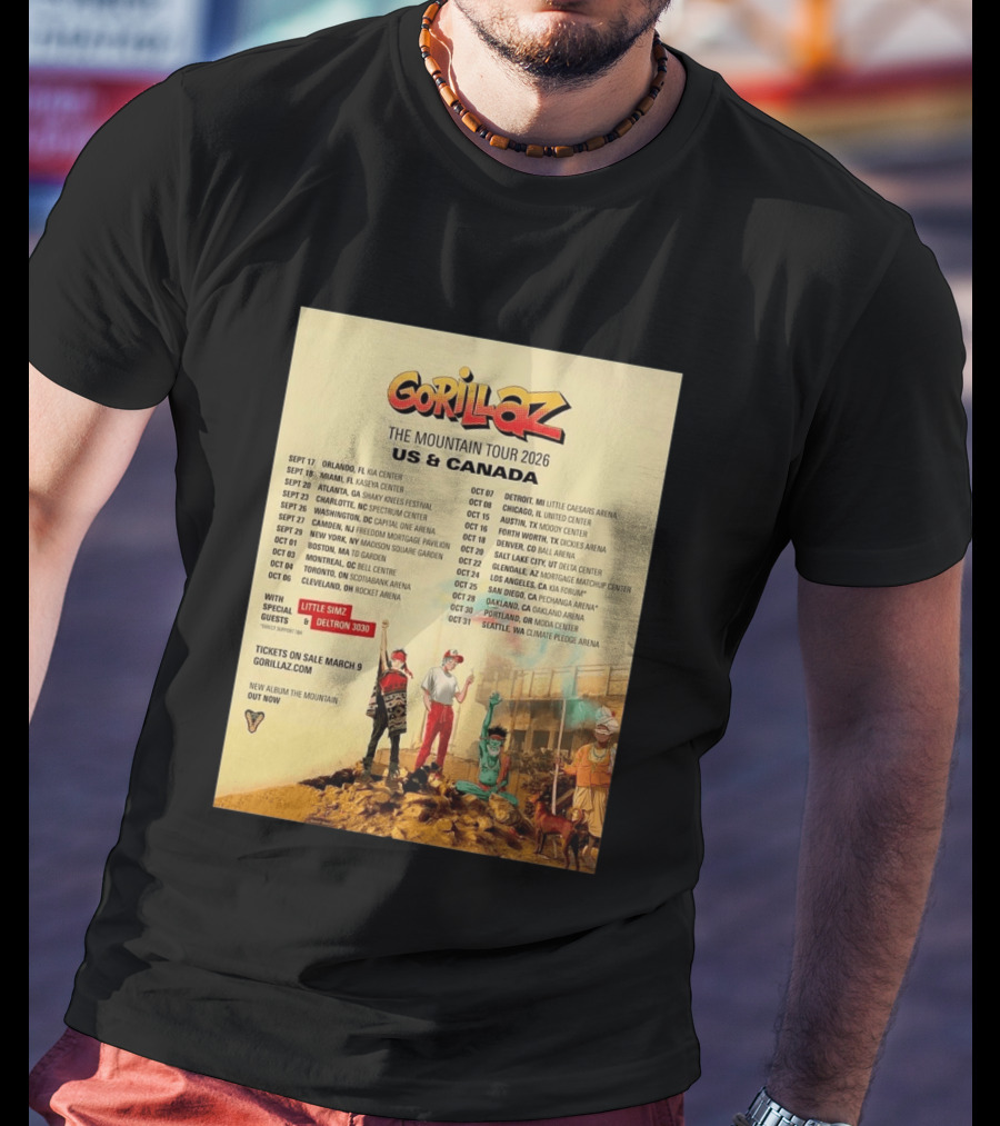 Gorillaz The Mountain Tour 2026 US Canada Dates Little Simz Deltron 3030 T-Shirt