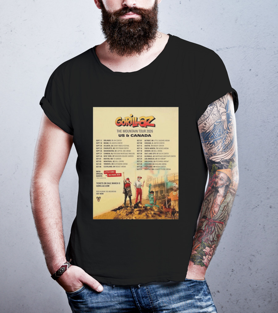 Gorillaz The Mountain Tour 2026 US Canada Dates Little Simz Deltron 3030 T-Shirt