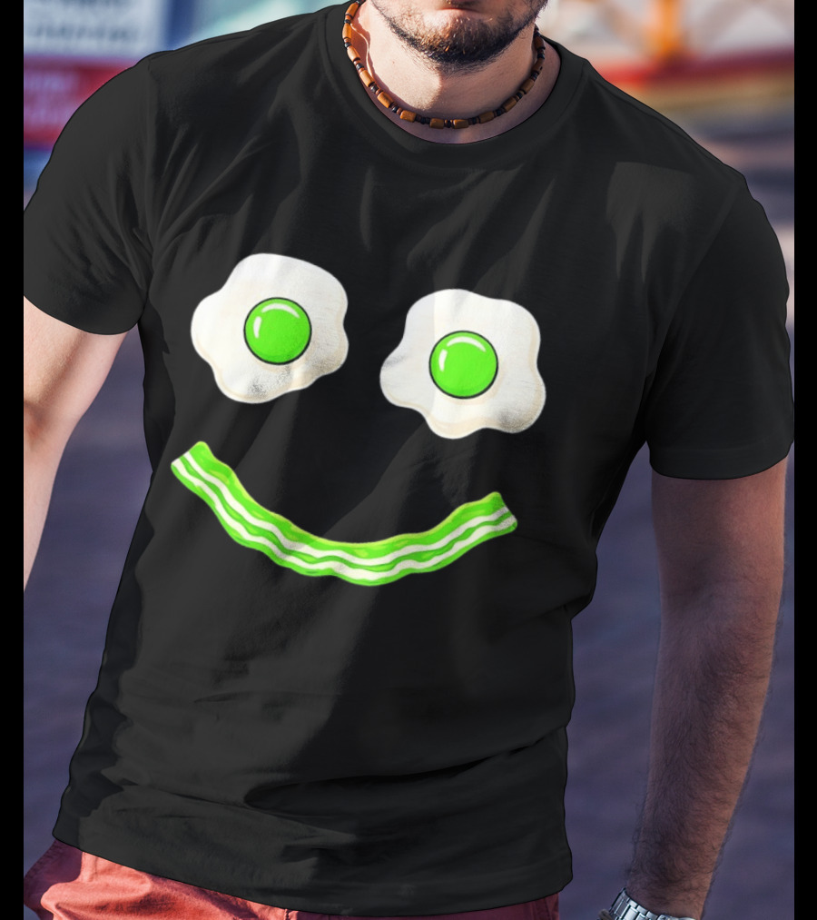 Green Smile Face Eggs And Bacon Ham Breakfast Fun Food Expression T-Shirt