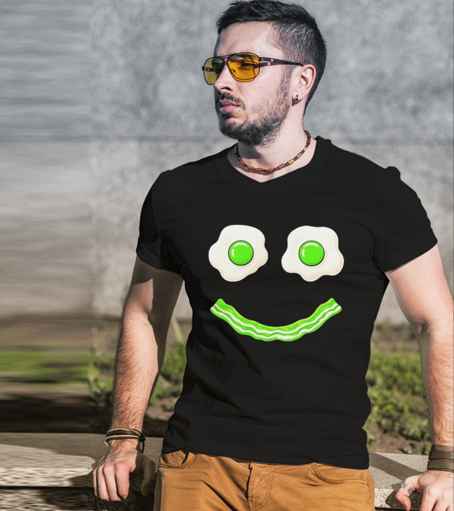 Green Smile Face Eggs And Bacon Ham Breakfast Fun Food Expression T-Shirt