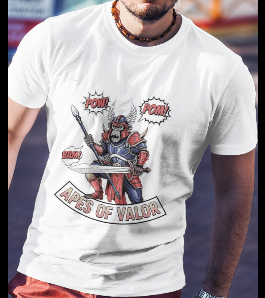Apes Of Valor Pow Pom Bam Warrior Armor Battle Scene T-Shirt