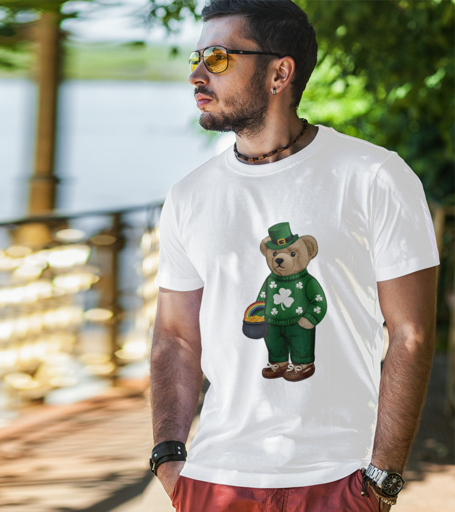 Lucky Teddy Bear Irish St Patricks Day Clover Rainbow Pot Of Gold T-Shirt