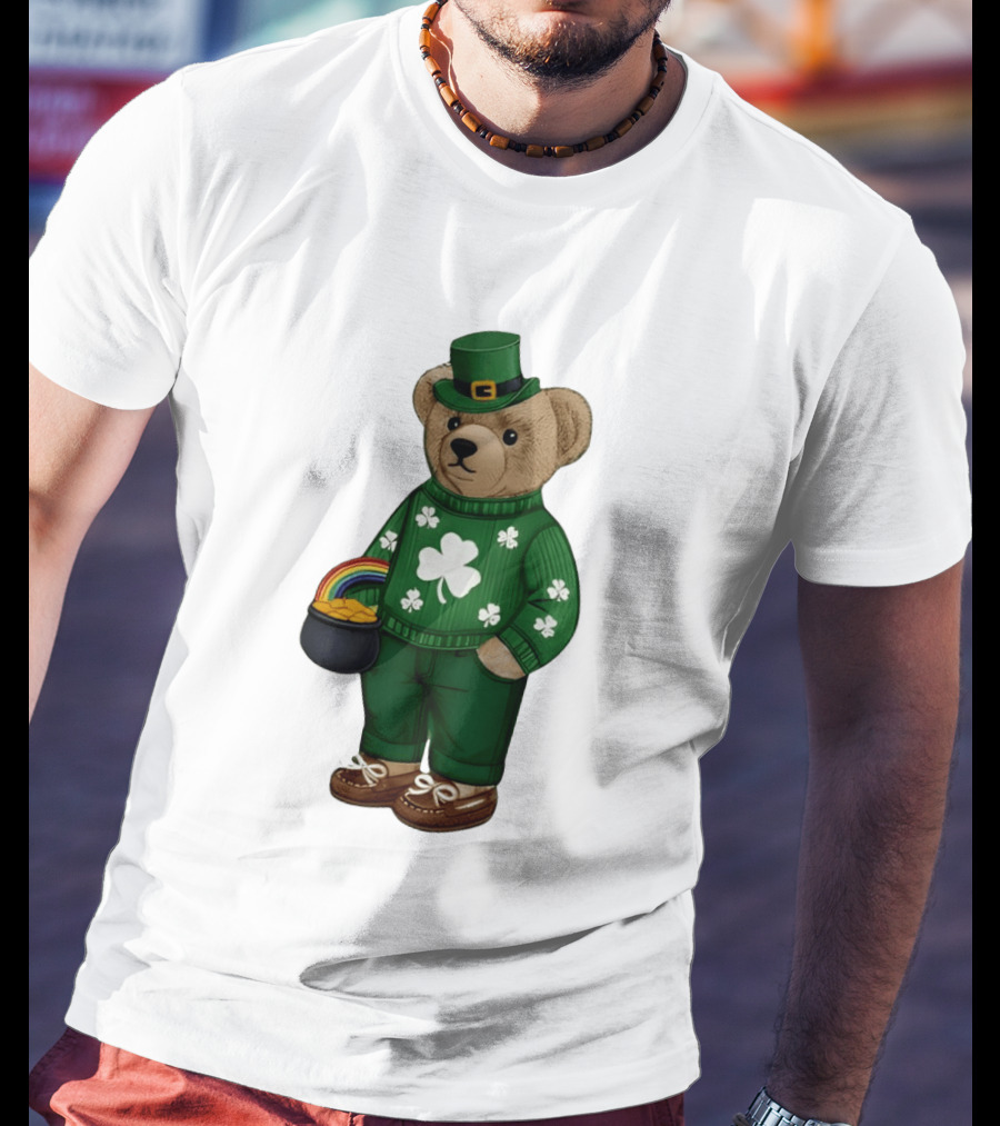 Lucky Teddy Bear Irish St Patricks Day Clover Rainbow Pot Of Gold T-Shirt