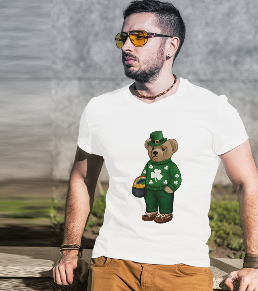 Lucky Teddy Bear Irish St Patricks Day Clover Rainbow Pot Of Gold T-Shirt