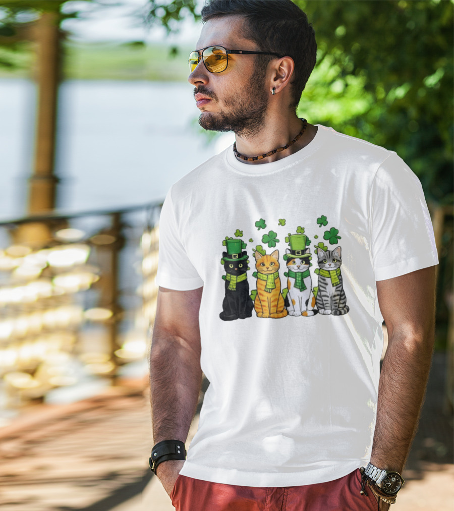St Catrick's Day Black Cat Orange Tabby Cat Calico Cat And Gray Tabby Cat With Shamrocks And Green St Patrick's Hats T-Shirt