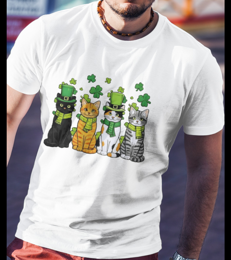 St Catrick's Day Black Cat Orange Tabby Cat Calico Cat And Gray Tabby Cat With Shamrocks And Green St Patrick's Hats T-Shirt