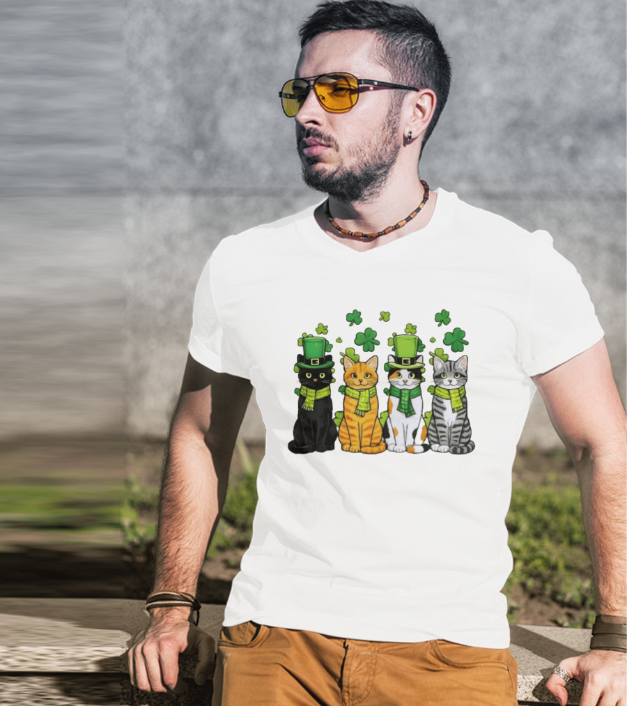 St Catrick's Day Black Cat Orange Tabby Cat Calico Cat And Gray Tabby Cat With Shamrocks And Green St Patrick's Hats T-Shirt