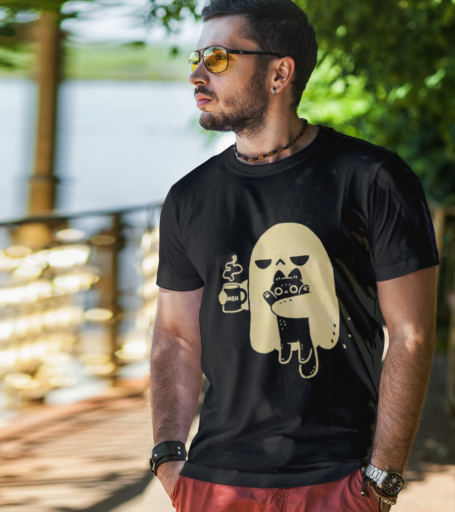 Ghost With Cat And Coffee Cup T-Shirt