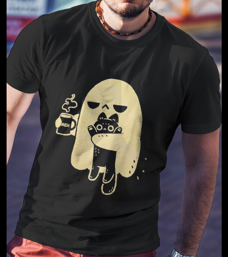 Ghost With Cat And Coffee Cup T-Shirt
