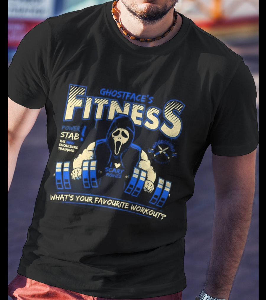 Ghostface Fitness What's Your Favorite Workout Power Stab Shoulder Training T-Shirt
