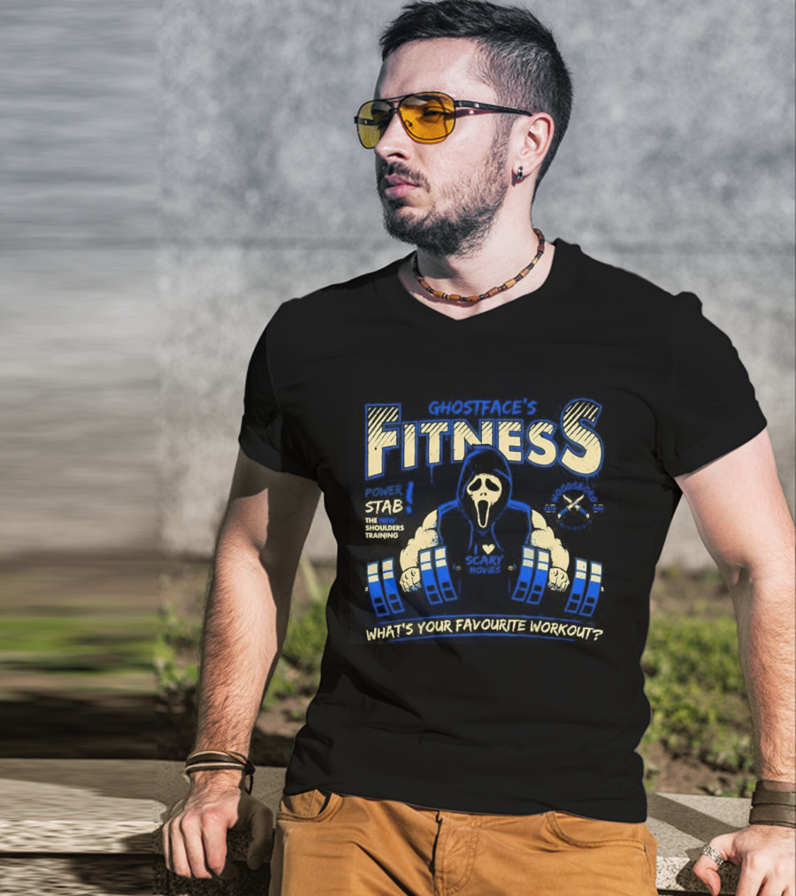 Ghostface Fitness What's Your Favorite Workout Power Stab Shoulder Training T-Shirt
