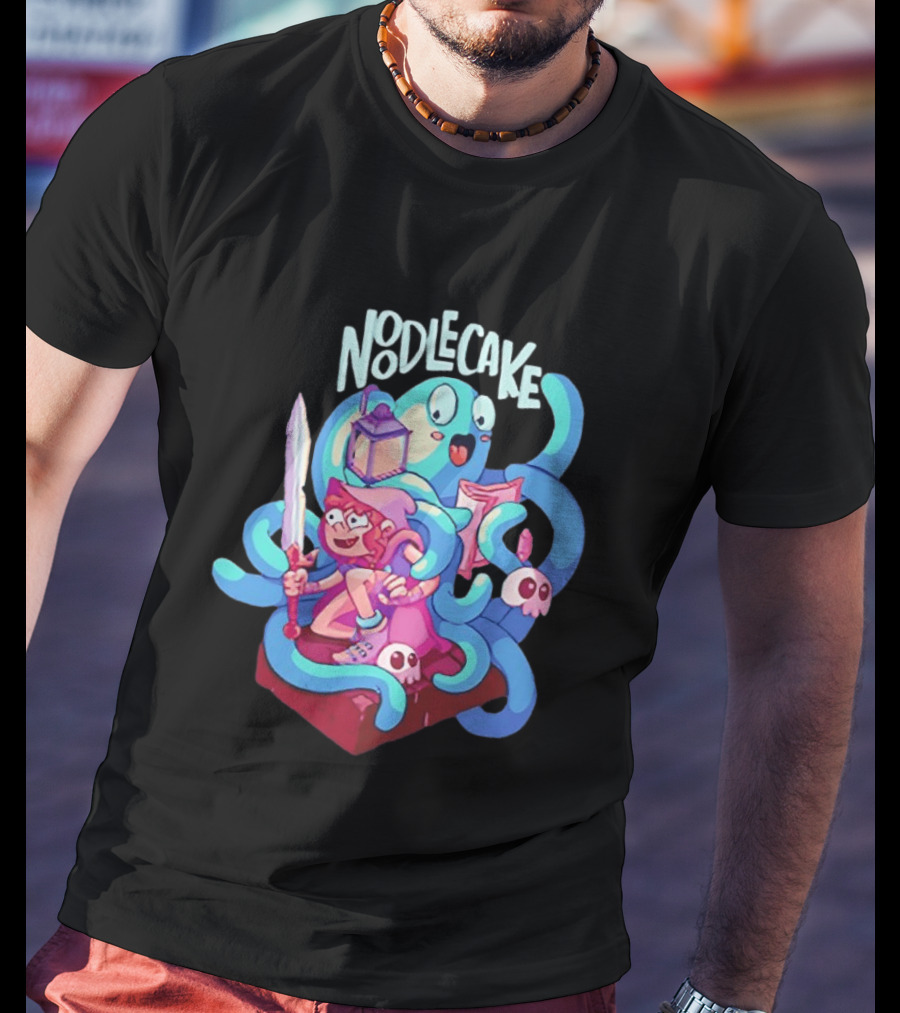 Noodlecake Cartoon Adventurer And Ghost With Sword And Skulls T-Shirt