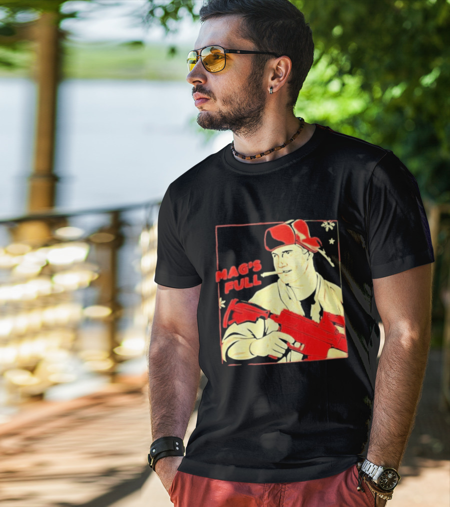 Mag's Full Armed Character With Red Cap And Gun T-Shirt