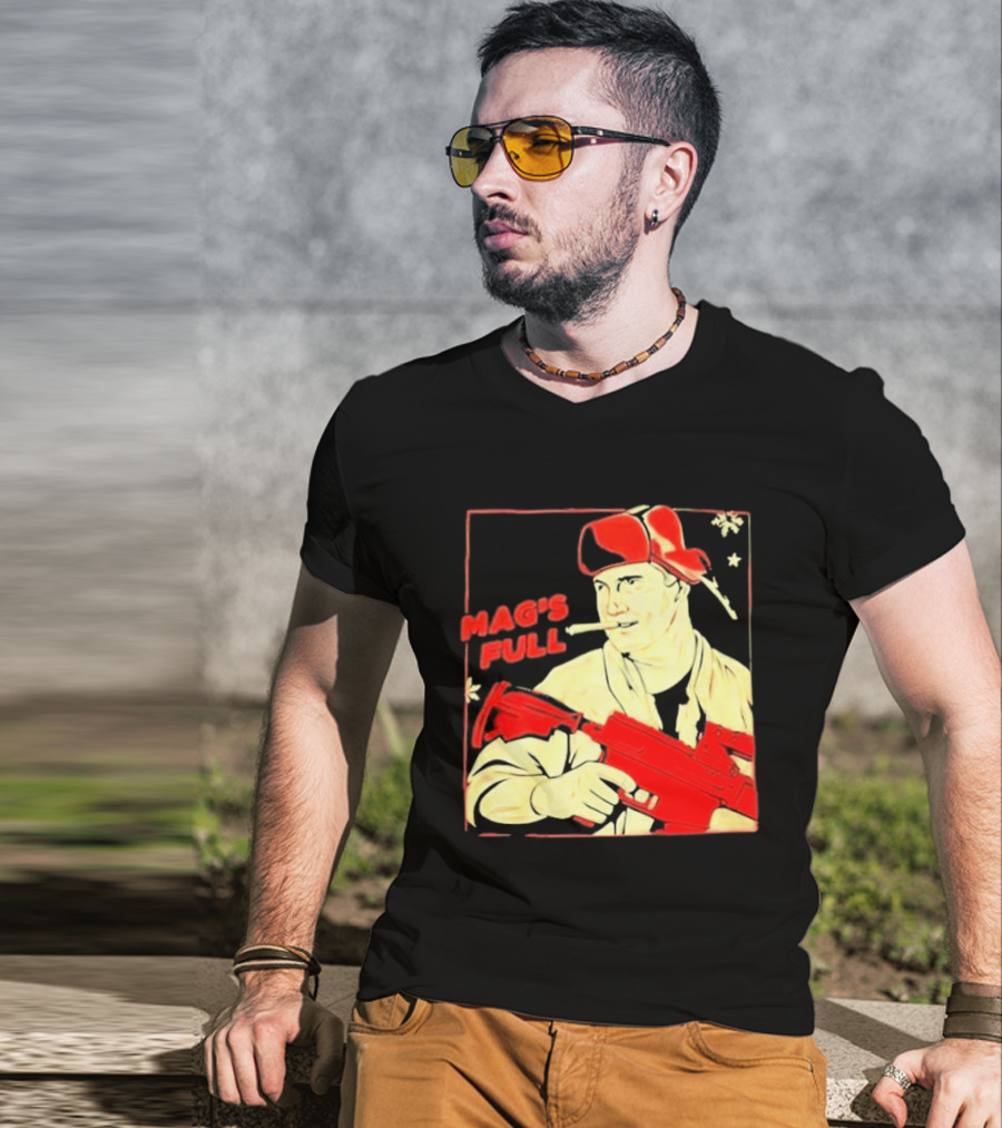 Mag's Full Armed Character With Red Cap And Gun T-Shirt