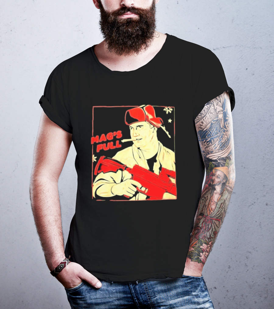 Mag's Full Armed Character With Red Cap And Gun T-Shirt