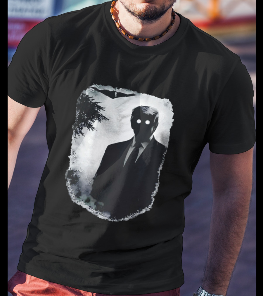 Dark Shadow Figure Mysterious Silhouette Trump Eerie Woods Cloaked Eyes T-Shirt
