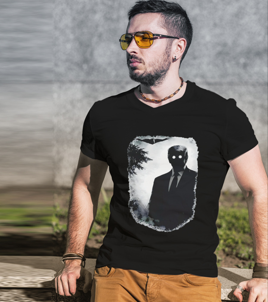 Dark Shadow Figure Mysterious Silhouette Trump Eerie Woods Cloaked Eyes T-Shirt