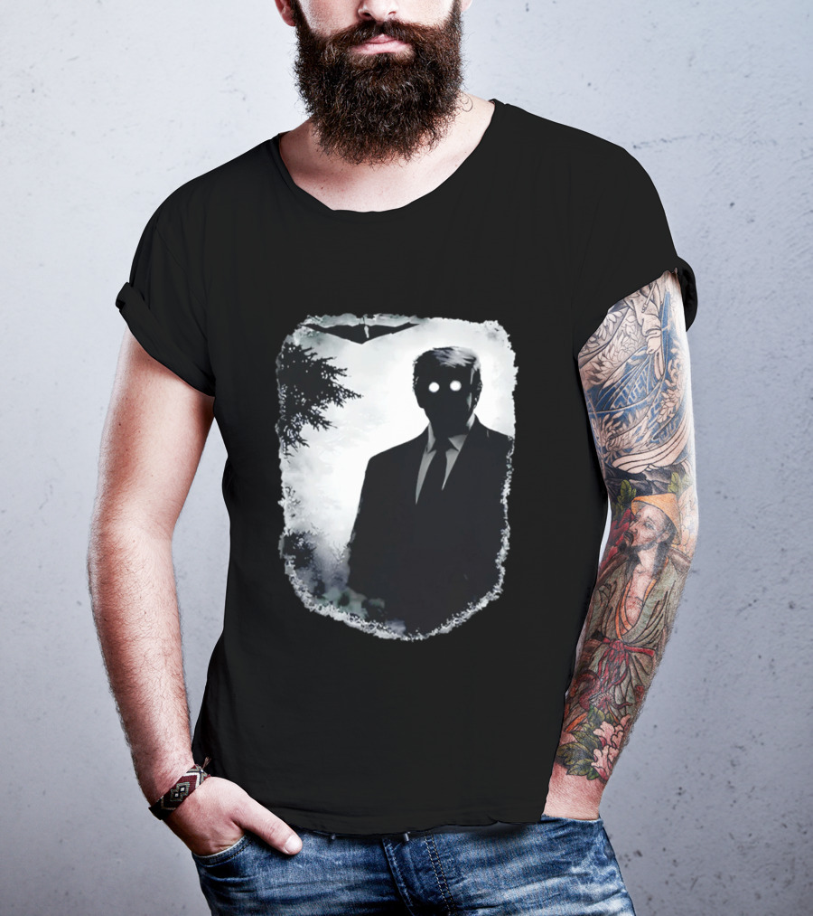 Dark Shadow Figure Mysterious Silhouette Trump Eerie Woods Cloaked Eyes T-Shirt